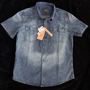 NWT ROK Men's Distressed Denim Jean Short Sleeve Western Button Up Shirt Size L